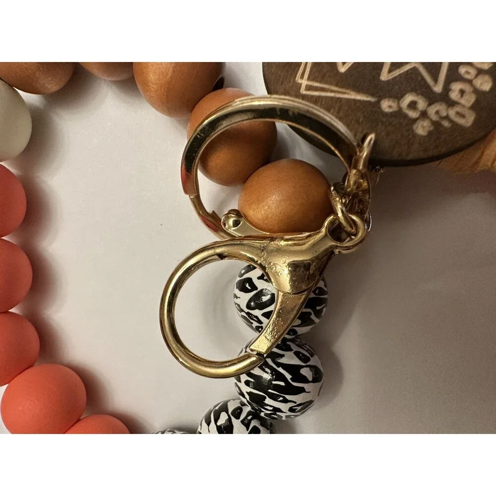 Leopard Wood Orange Accent Beads Tassel Key Ring Wristlet Keychain